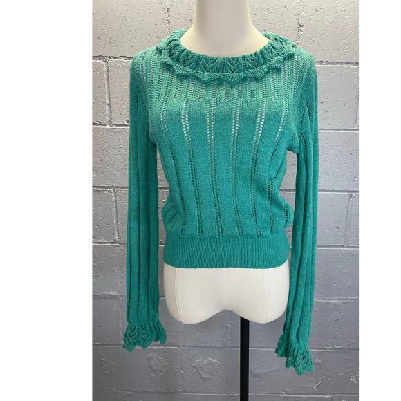 Vintage 1980s Teal Knit Cropped Sweater Lace Collar Cuffs Med Cottage Preppy - Picture 1 of 10